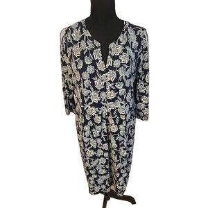 J Jill Womens Navy Blue Floral V Neck Comfortable Shift Dress Medium Petite